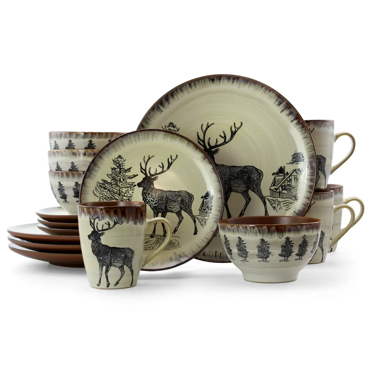 212 MAIN 16-Pc Contemporary Elk-Motif Forest-Themed Wooden Stoneware Tableware Kit - 16pc Set for 4, Dinnerware with Plates and Bowls, Adult Everyday Dining Table Dishware