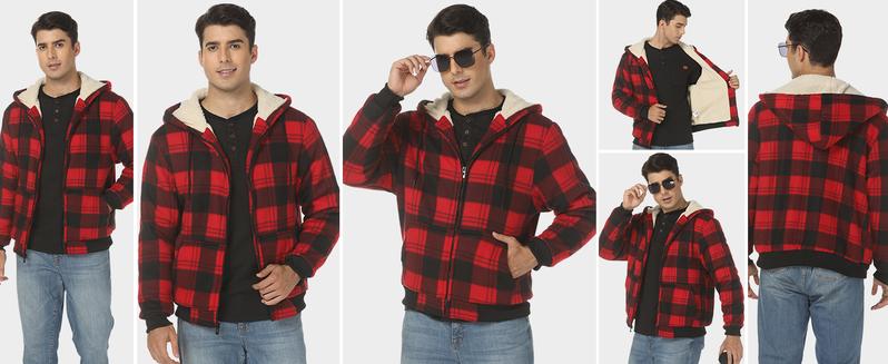 ZITY Heavy Thick jackets for Men Plaid Flannel Warm Sherpa Fleece Lined Winter Full Zip Up Coat with Hood Casual Fashion Sweatshirt Black Checked