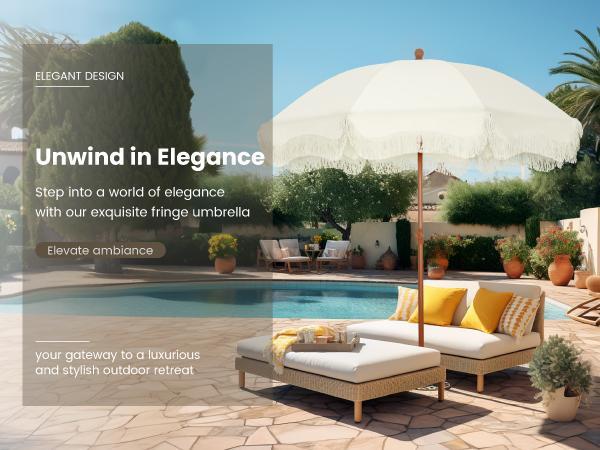 Phivilla Home 7ft Patio Beach Umbrella with Fringe, UPF 50+ Canopy, 8 High Wind Proof Fiberglass Ribs, Fully Assembled, Carry Bag Available Outdoor Aesthetic Round, SpringGlowUp