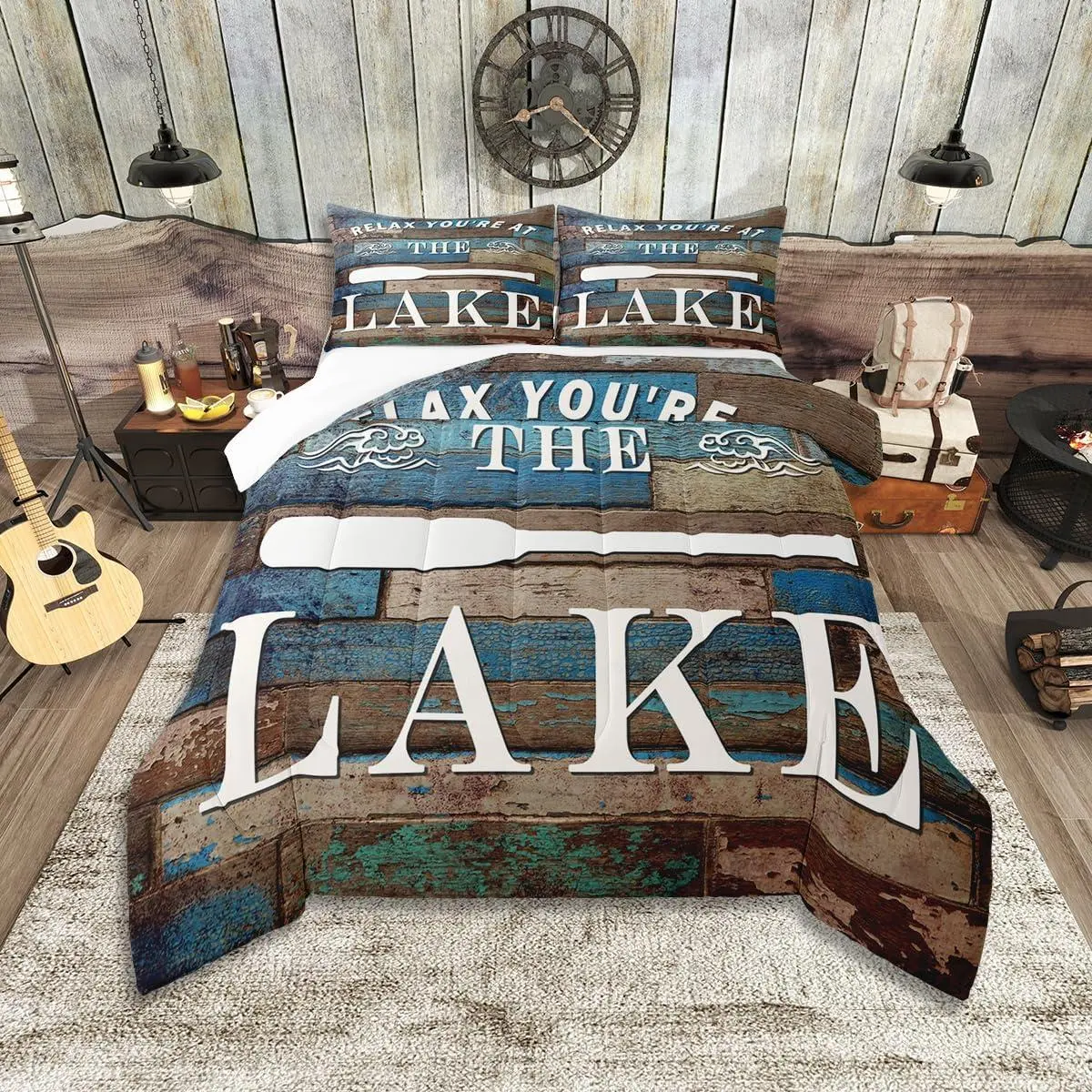Feelyou Farmhouse Rustic Bed Comforter Sets - Queen/King Sizes, Retro Blue & Brown Patchwork Fabric Bedding with Pillowcases for Cabin, Lake House Decor