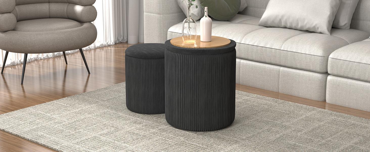 Round Ottoman Vanity Stool with Storage Set of 2, Beige Velvet Round Ottoman with Storage, Multifunctional Round Storage Ottoman Foot Rest, Storage Ottoman Round with Storage for Living Room