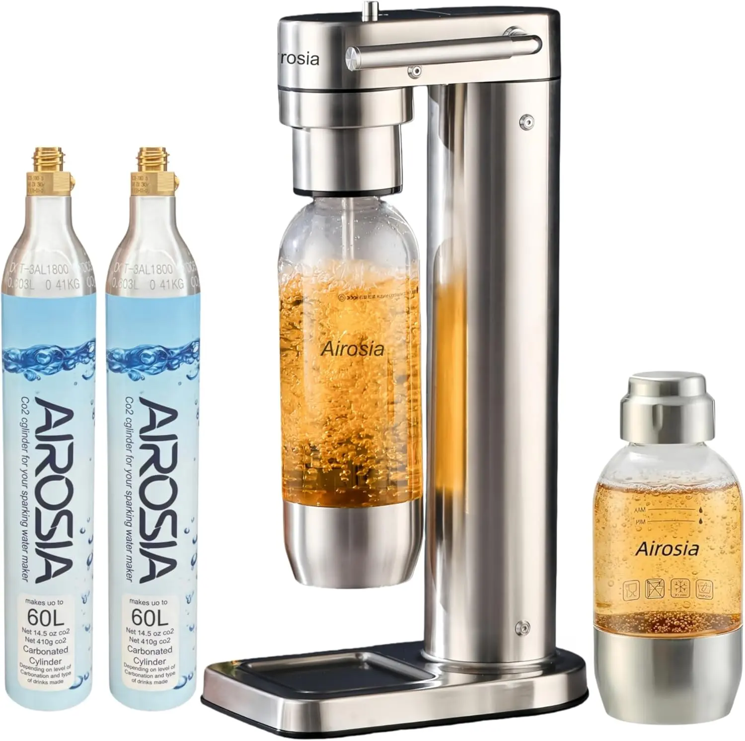Airosia Sparkling Water Carbonator Machine - 304 Stainless Steel Kitchen Soda Maker for Carbonating Drinks, Includes 2 BPA-Free Bottles (1L, 0.5L) and 1 CO2 Carbonator