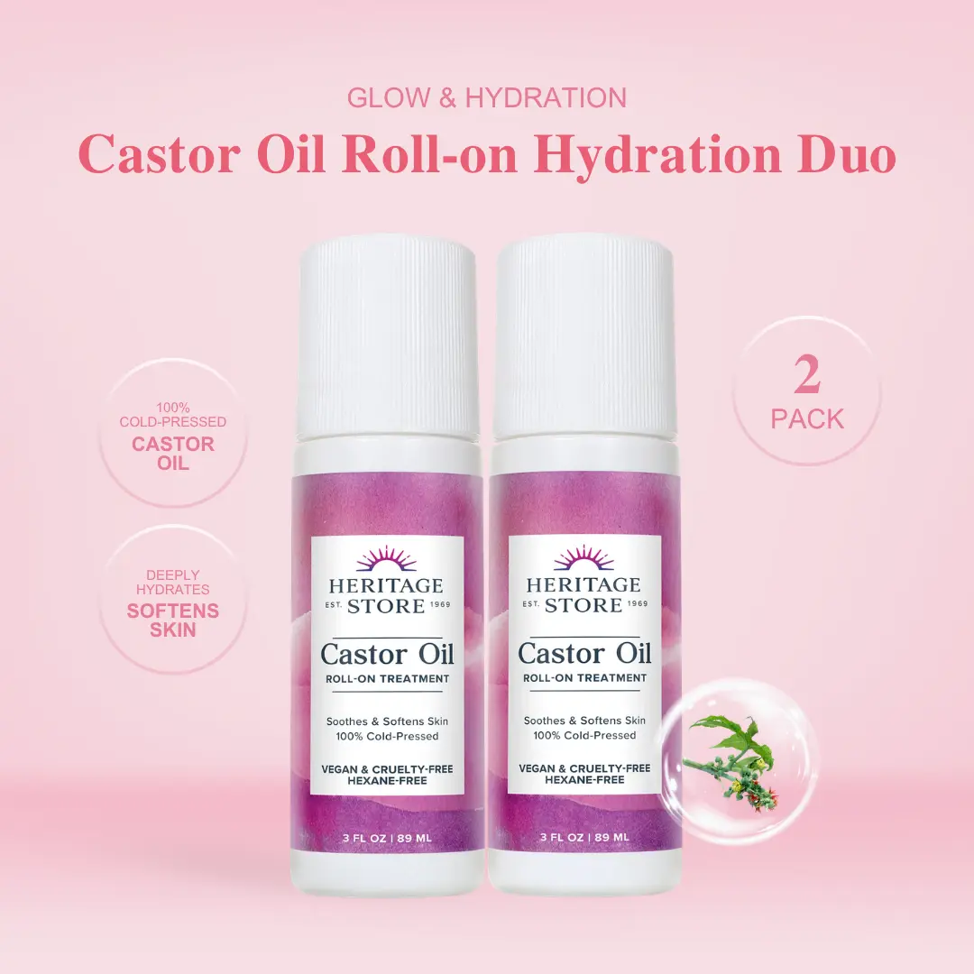 Heritage Store Castor Oil Roll-On, 2-Pack Multi-Pack Roll On Oils - Hydrating Cosmetics for Scalp, Lashes, Brows - Vegan Body Care, Self Care Products for Daily Growth Routine, Beauty Products, Daily Hair Routine, Fragrance Free, Adults, Apply Daily