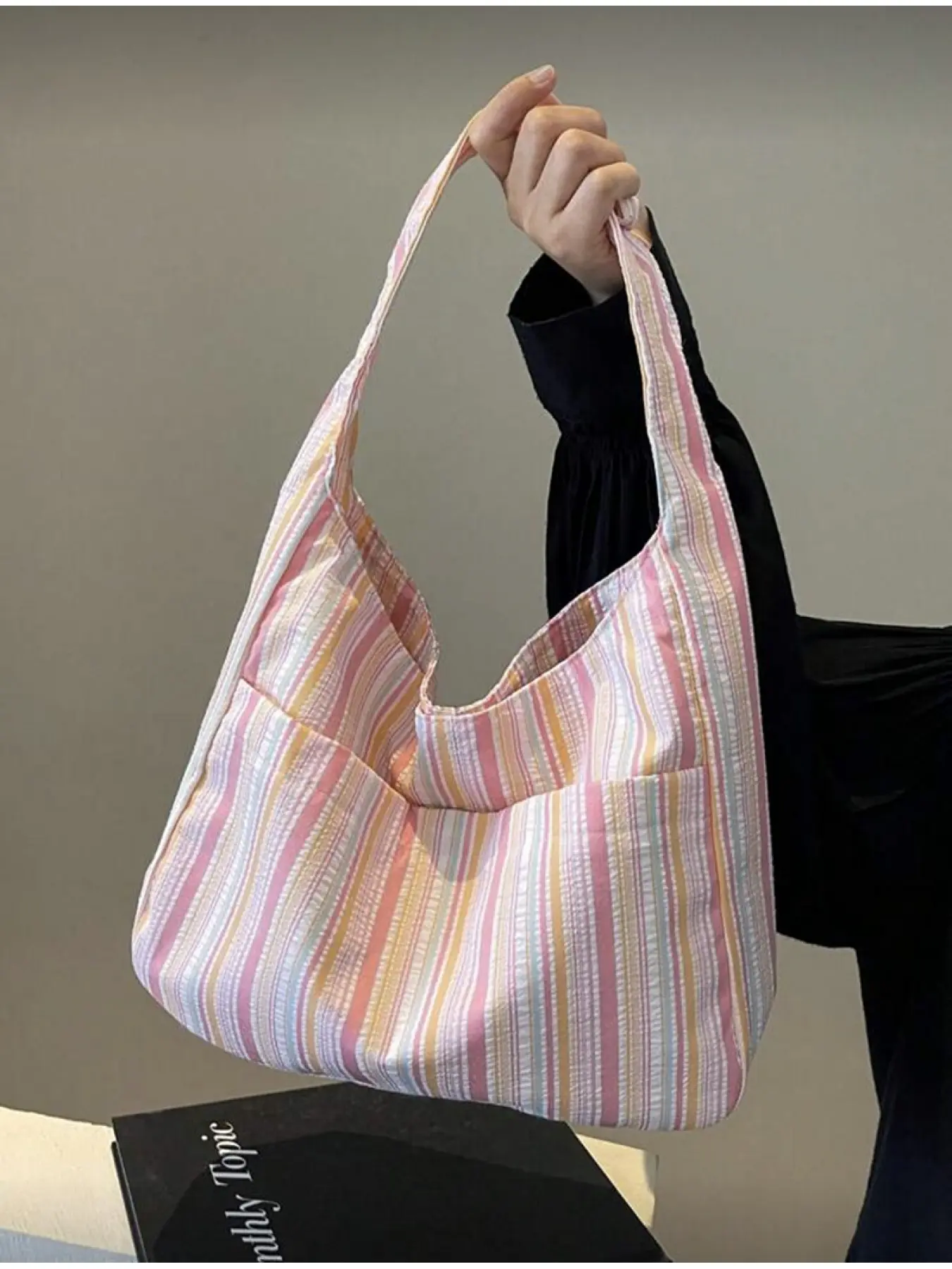 Large Capacity Women Canvas Handbag Crossbody Bag Casual Striped Tote Bag Casual Trendy Bag Pink Summer Bags Casual Everyday Bag