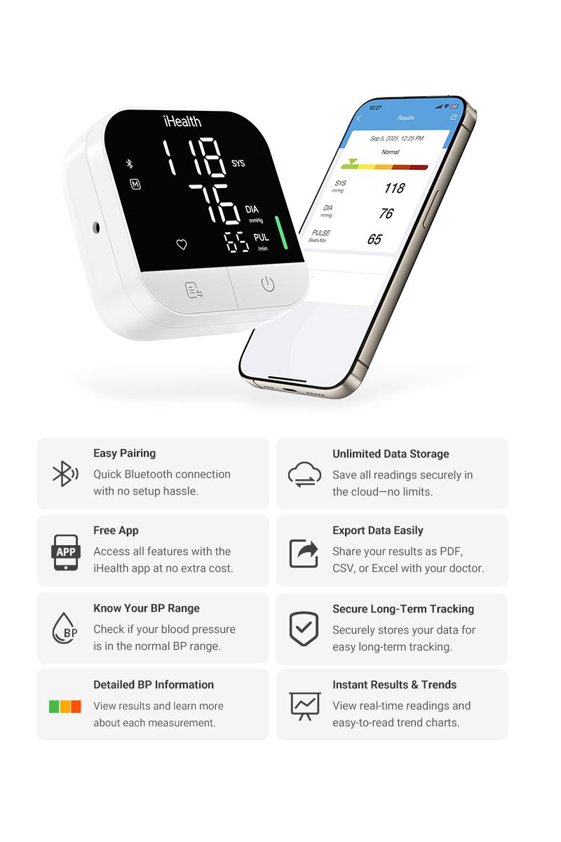 iHealth Track Pro Upper Arm Blood Pressure Monitor, Full-View LED Screen​, Body & Cuff Detection, App-Enabled for iOS & Android, Adjustable Cuff Large Adults Arm Friendly