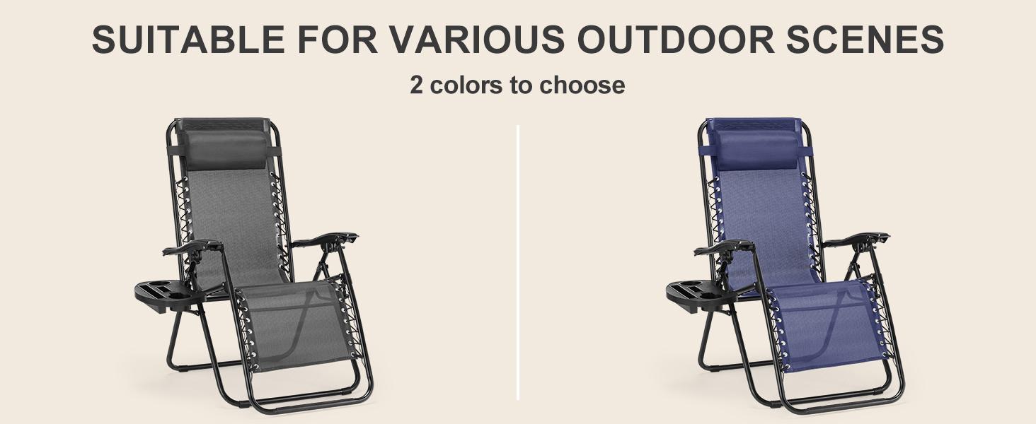 Outdoor Zero Gravity Chairs, Set of 2 Portable Recliner Beach Camping Patio Outdoor Folding Lounge Chair with Cup Holder Trays and Adjustable Pillow