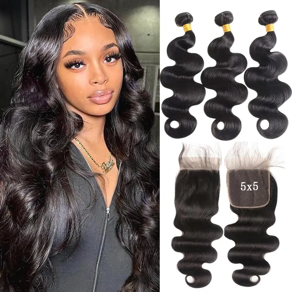 Brazilian Body Wave Bundles Human Hair with Closur 5x5 Lace Closure Virgin Human Hair Weave Bundles Qulick Wave Hair Extensions