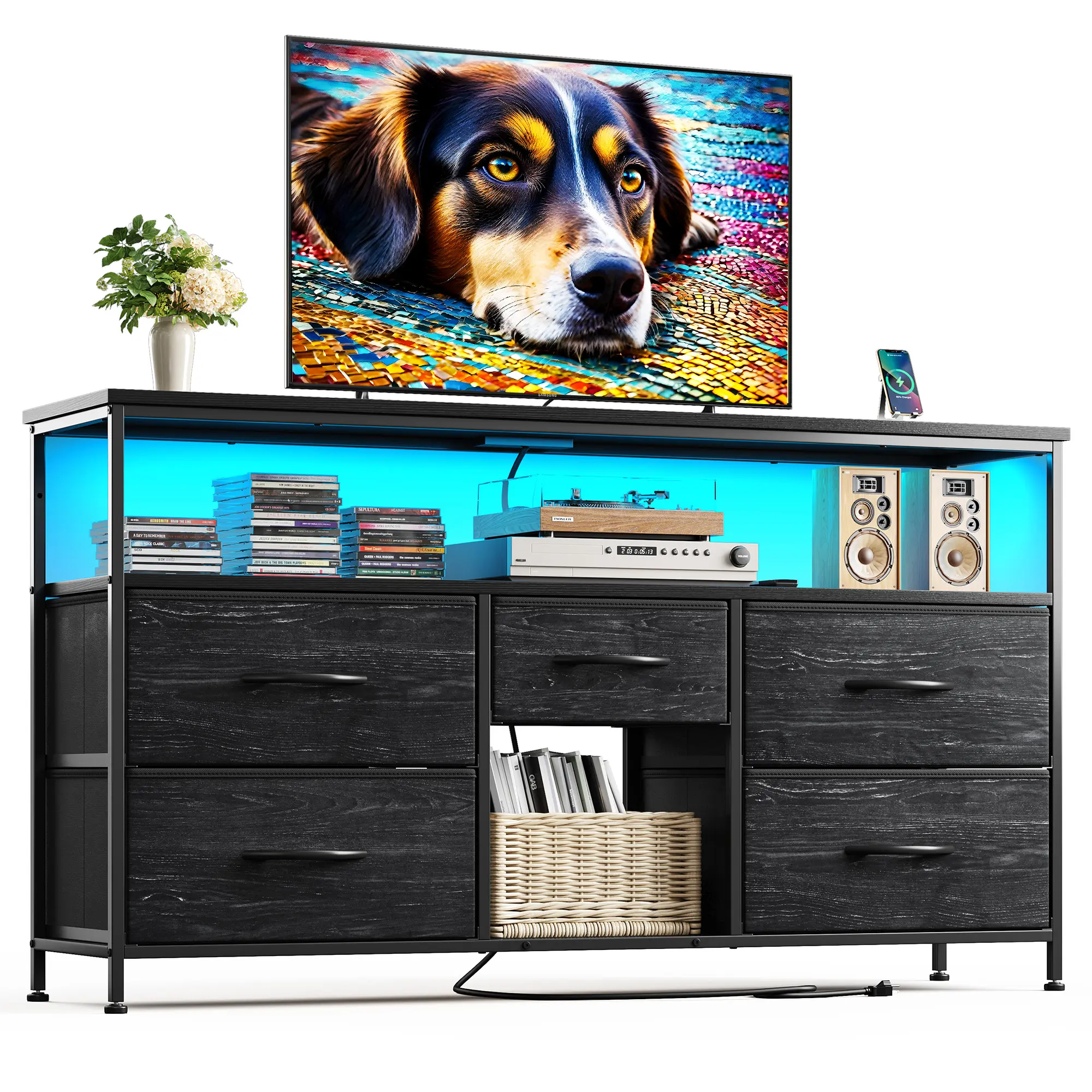 【Storage TV Stands】Raybee 30'' H Dresser with 5-8 Drawers,Old School & Chill Vibe TV Stands with Cabinets for Living Room with LED & Charge Station(2 USB Ports & 2 Power Outlets), Match 50 Inches TV,Combining Aesthetics with Practicality
