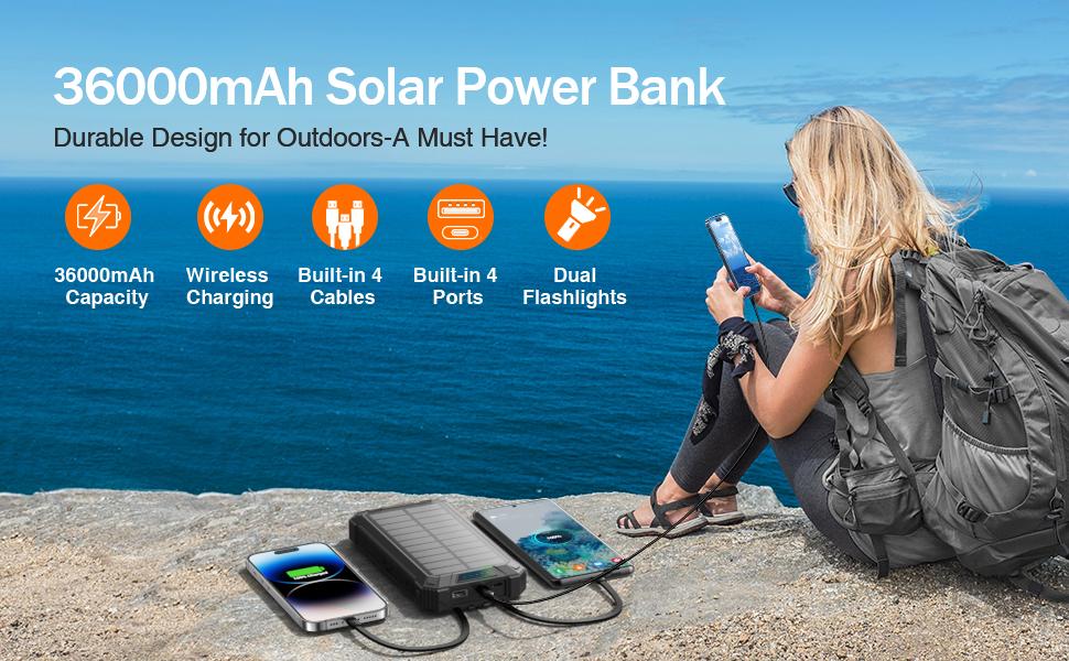 GNC W22 Solar Power Bank: 15W fast charging, 4 built-in cables, 6 outputs, 3 inputs, solar charging, dual flashlights, carabiner, fits all devices.