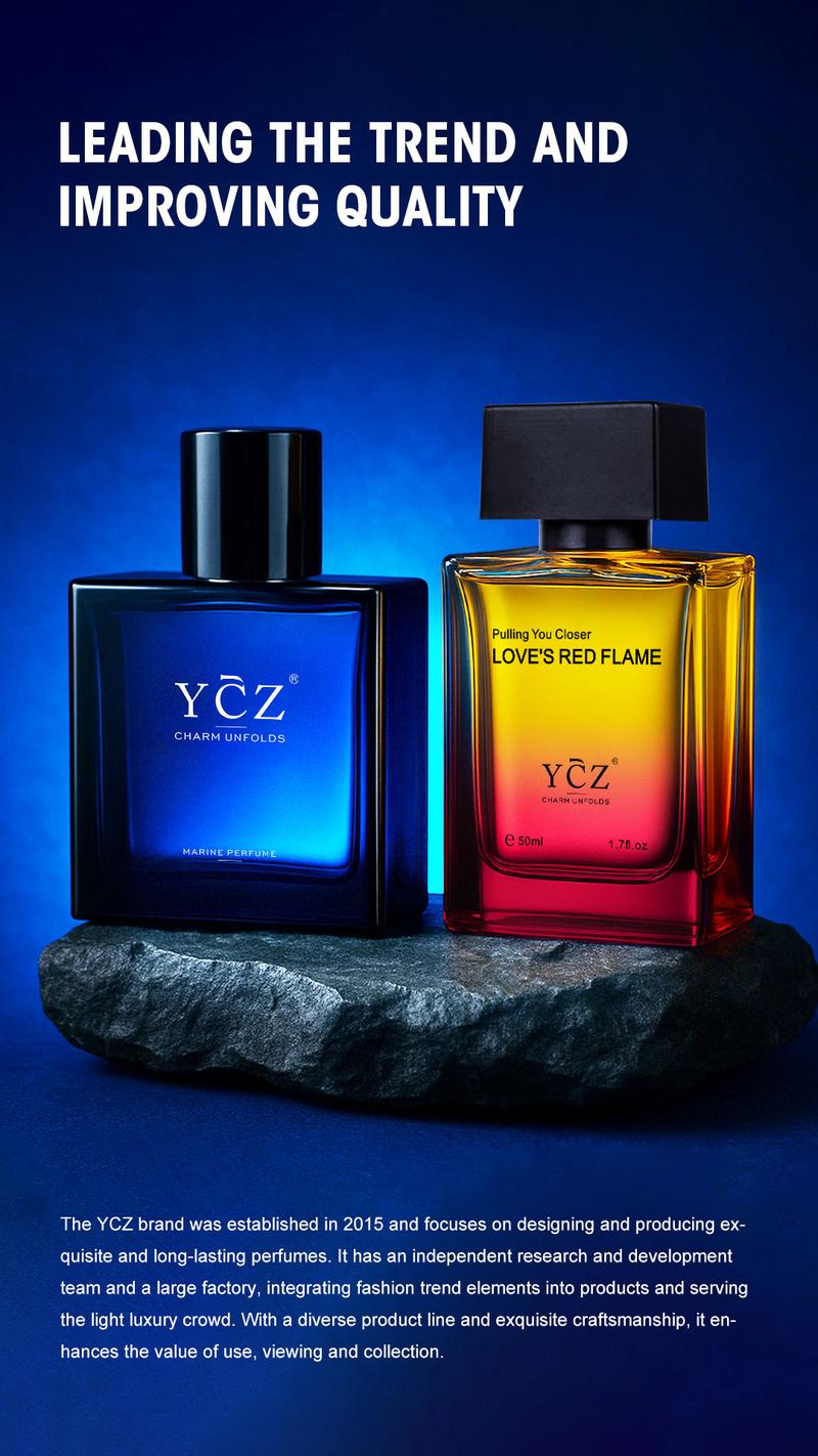 YCZ Men's Cologne 2-Piece Set - Love's Red Flame Woody Spicy Fruity & Midnight Marine Perfume - 50ml Each - Ideal for Daily & Outdoor Use - Fragrance Gift Bundle Charm Unfolds