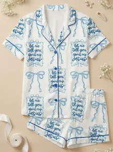 Let Me Tell You About My Jesus Wildflower Boho Bible Verse Blue Bow Short Sleeve Satin Pajama Set