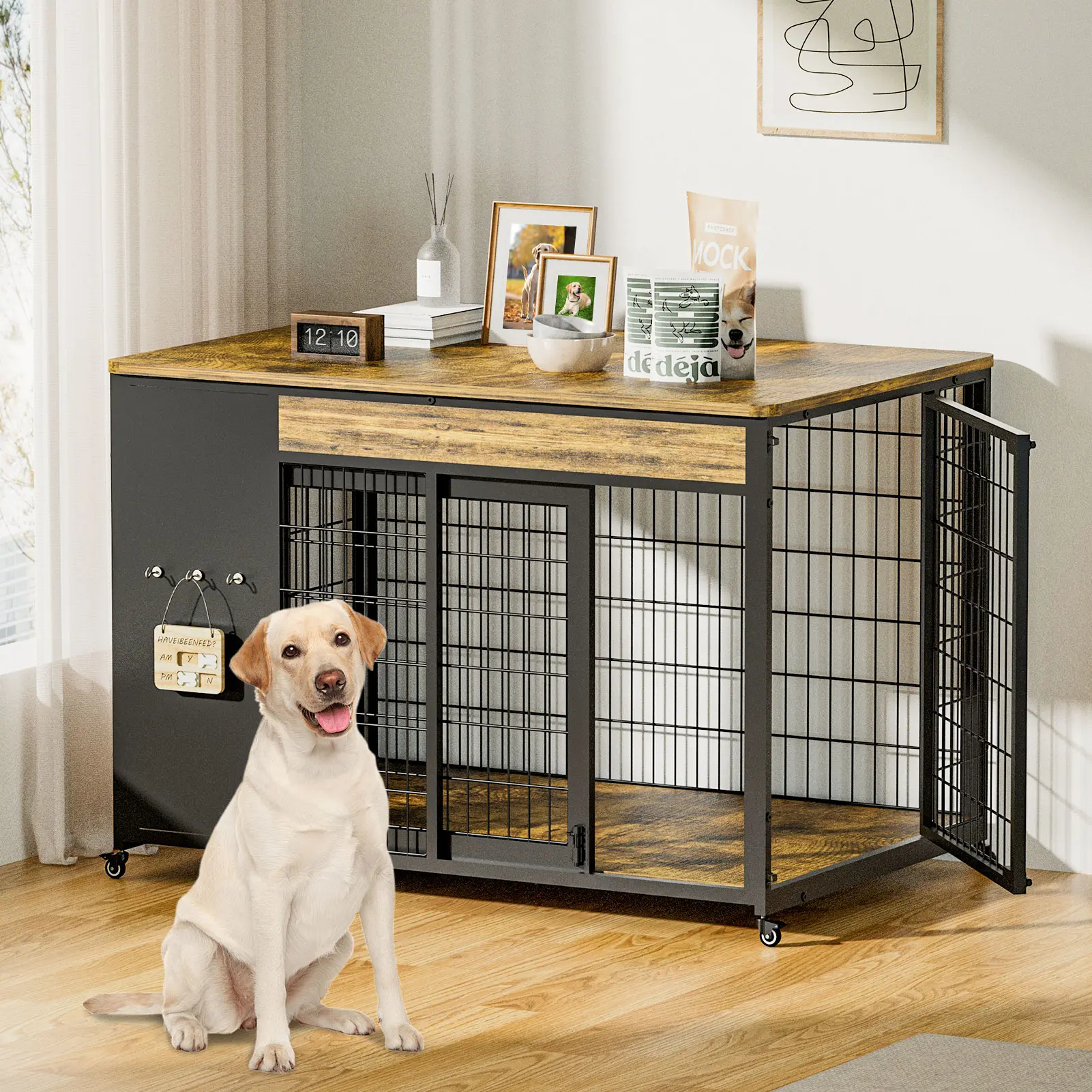 ZZWHOM 42-Inch Double Wide Solid Wood Top Double Door Dog Crate Side Table Combo - 0.4" Steel Frame, 0.5" Thick Base, Sliding Doors, 360° Swivel Casters, Heavy-Duty DIY Assembly, Chew-Resistant, Feeding Reminder, Indoor Living Room Decor for Large Breeds,