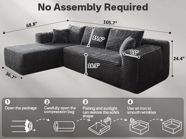 【2 Package Shipping】Ovios 106" Cloud Sectional Boneless Couch with Chaise & Ottoman, L/U-Shape Plush Corduroy Velvet Modern Modular Sofa with Deep Seat, Upholstered Couches for Living Room Bedroom, No Assembly Required