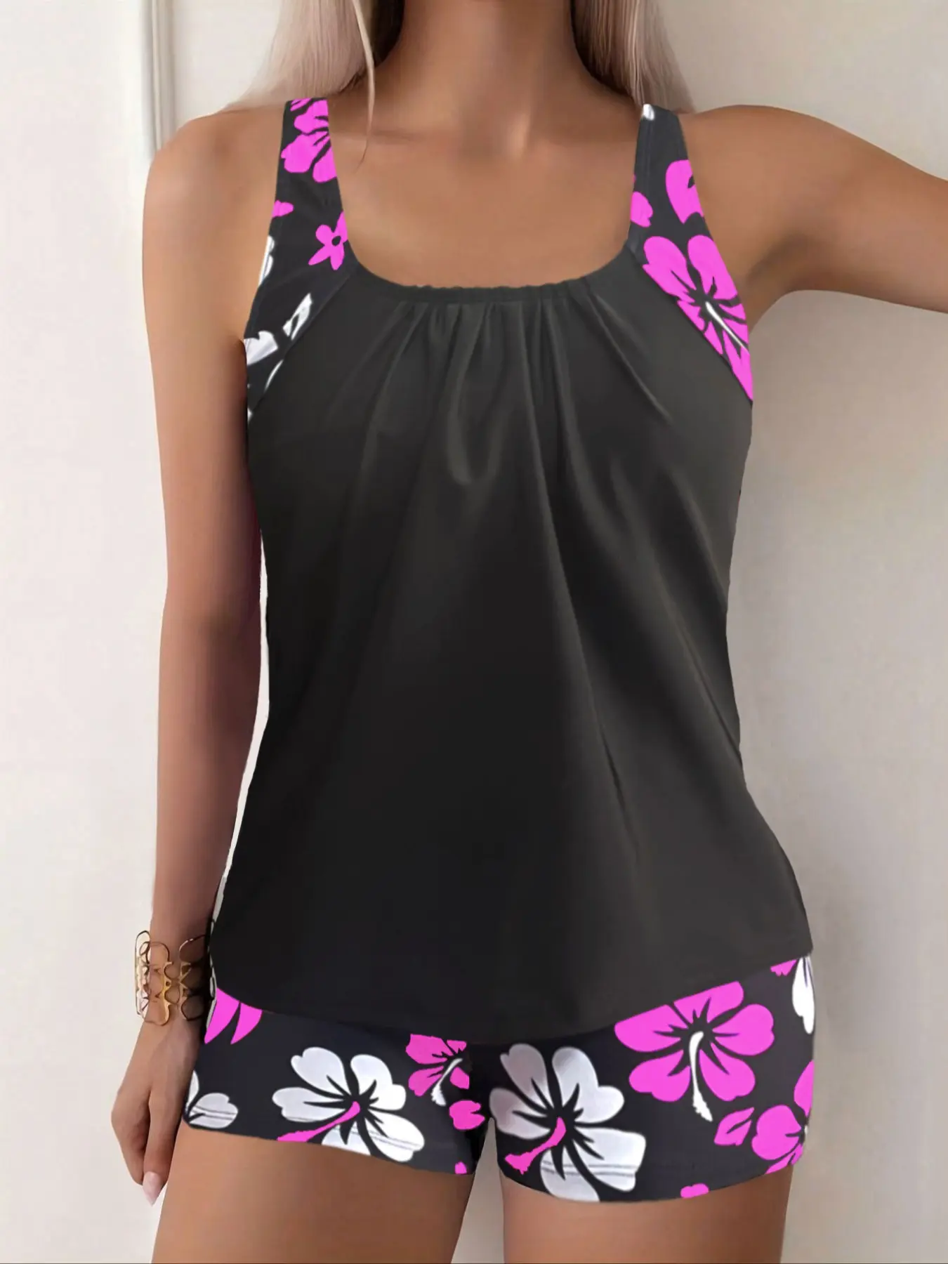 Women's Floral Print Swimsuit Set, Fitted Design for All Seasons, Ideal for Swimming & Beach Wear, Comfortable Fit, Floral Print Tankini Top & Bottoms, Tankini Swimsuits Sets, Tankini Swimwear Set, Flower Print Swimsuit, Tankini Outfit