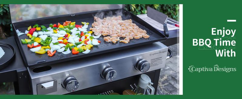 Kitchen Academy 27 Inch Flat Top Grill with Ceramic Coated Cast Iron Pan, 3-Burner Propane Gas, Nonstick Design, Stainless Steel Barbecue Home Food Kitchenware