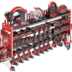 49.8" W Super Large Power Tool Organizer Wall Mount,4-Layer Heavy Duty Tool Storage with 18 Cordless Drill Holder,600 lb Capacity Garage Organization for Garage and Workshop (Red)