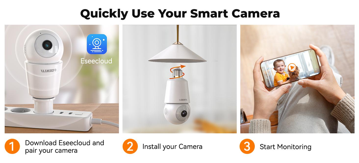 DEATTI 4MP Bulb Security Camera 2.4GHz 360° 2K Wireless Outdoor & Indoor Full Color Day & Night Motion Detection Audible Alarm Easy Installation Alexa Compatible Audio Connection