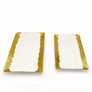 Luxury Ceramic Serving Plates with Gold Rim | 12” & 14” Rectangle Platters