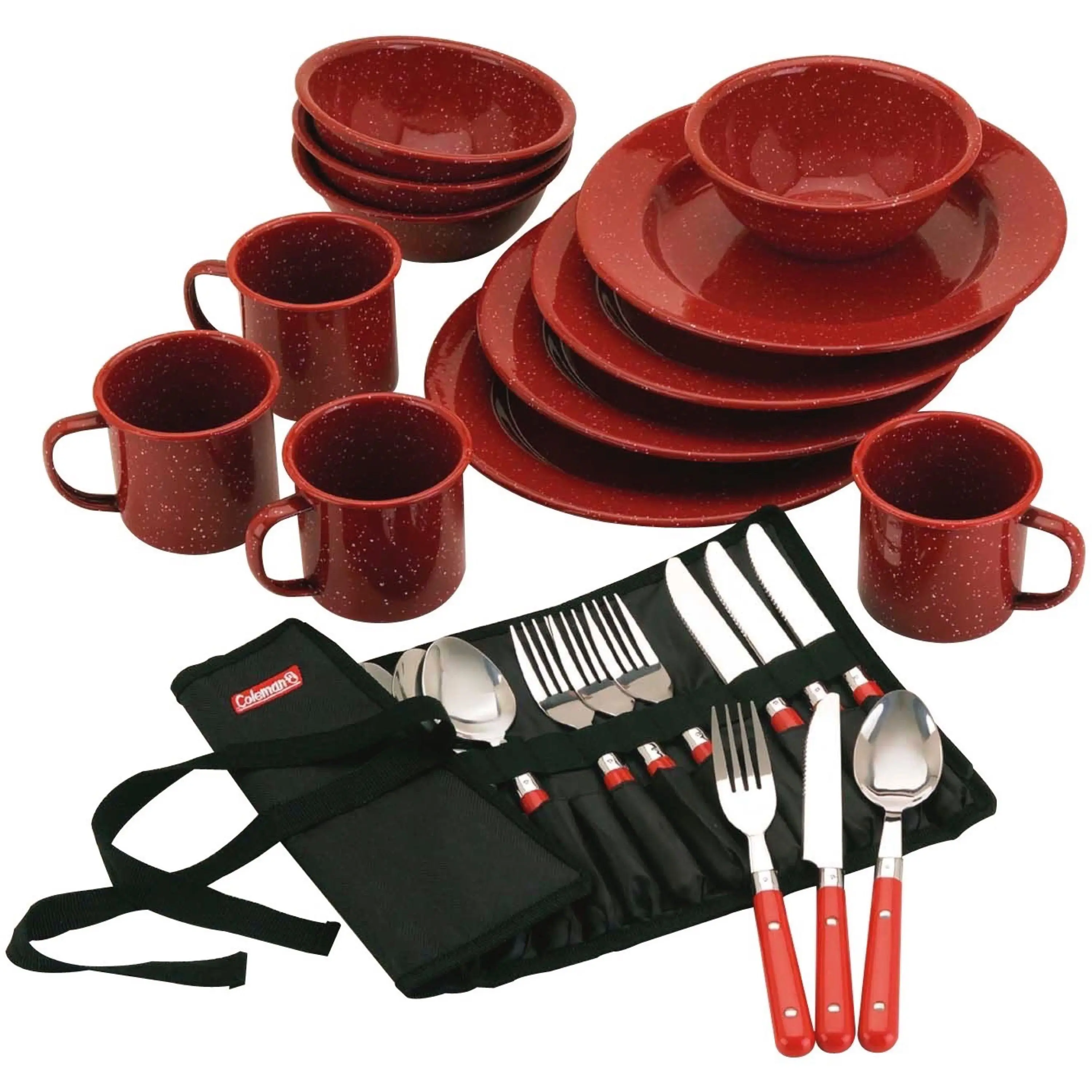 Coleman 24-Piece Classic Dinner Set - Double-Coated Enamelware, Stainless Steel Cutlery, 10 oz Enamel Mugs with Decorative Handles, All-Season Kitchen Tableware, Dinner Plates, Dinner Plate
