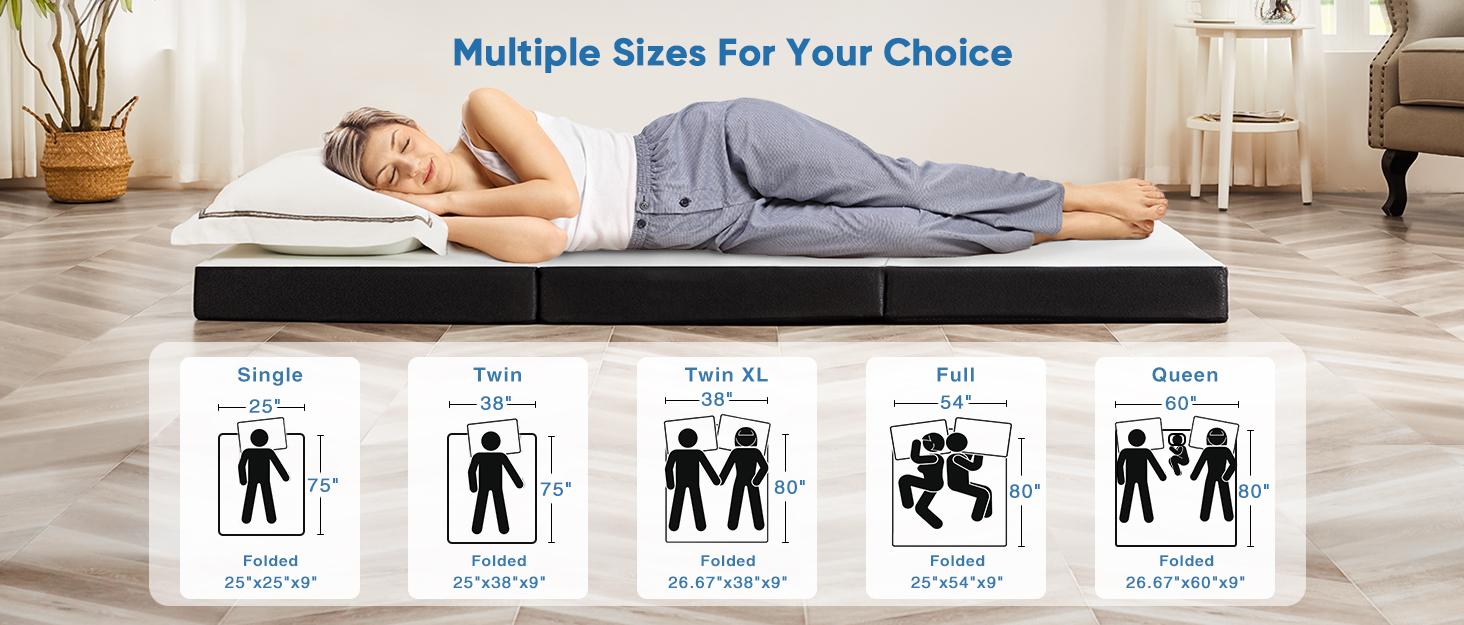 Folding Mattress, Tri-fold Memory Foam Mattress Topper for Camping, Foldable Mattress Topper with Washable Cover