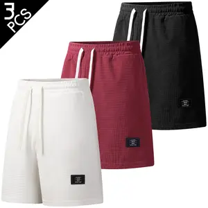 3PCS, Men’s casual solid-color knit corduroy shorts, perfect for summer wear