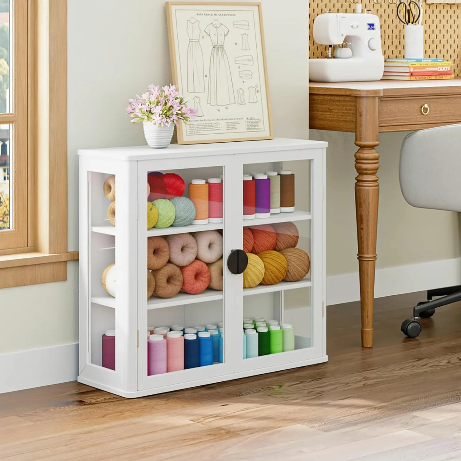 Modern Engineered Wood Craft Storage Cabinet - Summervibes Dual-Purpose Solution, 9.5"d x 28"w x 25"h, Adjustable Shelves, Sewing Organizer for Craft Room, Floor/Wall Mounted, Assembly Required, Floor/Mounted