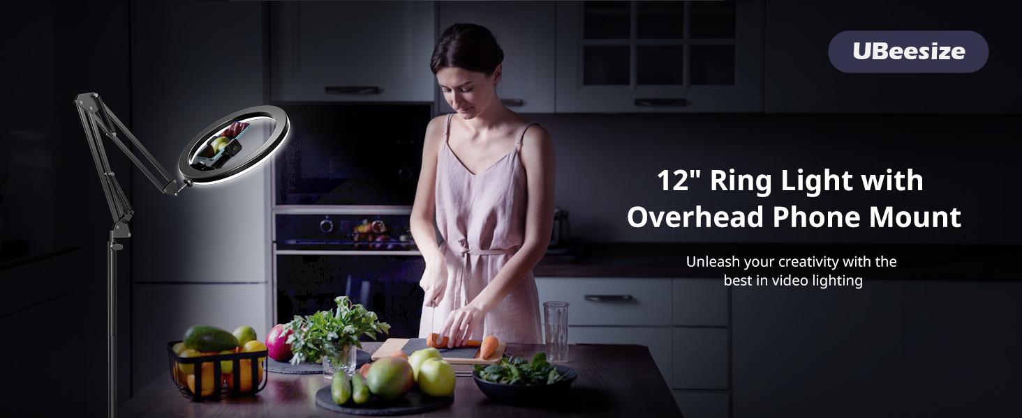 UBeesize 12" Ring Light Tripod for iPhone with Overhead Phone Mount ,75" Tall  Adjustable Aluminium Stand for Photography/Live Streaming/TikTok/YouTube Content Creation Selfie Cellphone Nail Art & Drawing for Artists