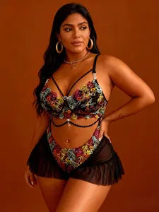 Plus Size Women's Embroidered Floral Valentine's Day Pajamas Set, Sexy Sleeveless Fitted Homewear, All Seasons Comfortable Sleepwear Loungewear Womenswear