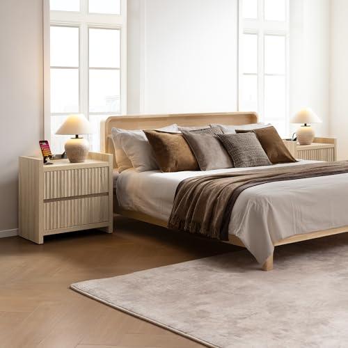 SICOTAS Night Stand Set of 2 Fluted Nightstands with Charger Station, Large Modern Nightstand Bedside Table End Table with 2 Drawers, 25" Wide Farmhouse Night Stands for Bedroom, Sofa Side