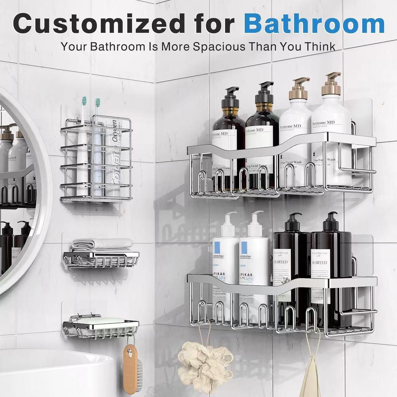 Rustproof Shower Caddy 5 Pack - Efficient Bathroom & Kitchen Storage with Shower Shelves, Durable & Easy to Clean, Black, Grey & Stainless Steel 3Pc-Black, Self-Adhesive Wall-Mounted Shower Caddy, Stainless Steel L-shaped
