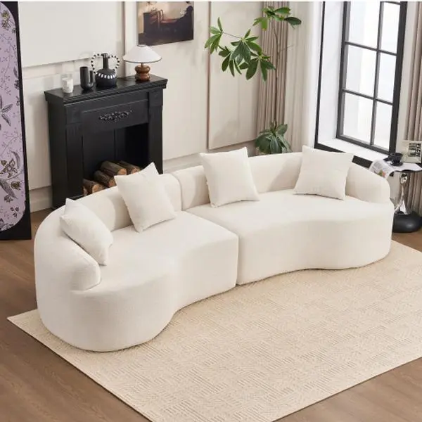Curved frameless sofa, compressed modular 110-inch combination sofa, white high-density, reclining sofa, suitable for living rooms, bedrooms, apartments, and lounges, chenille fabric
