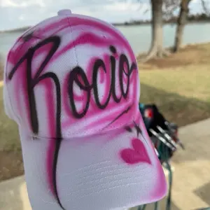 Airbrush Hat One Word - hot pink hearts Baseball Cap with Custom Name Design