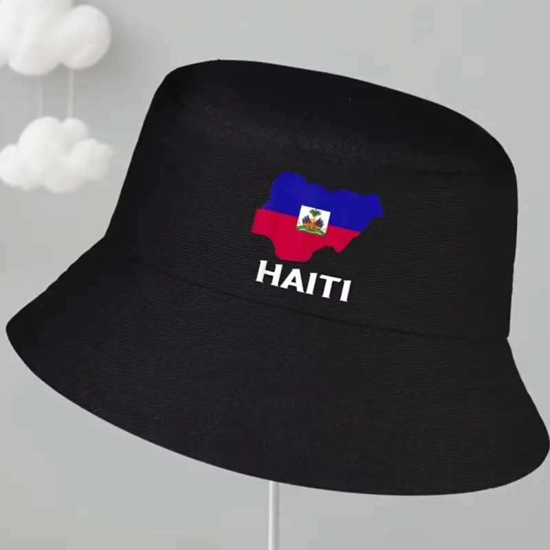 Unisex Casual Bucket Hat with Embroidered Haiti Map and Flag, Lightweight Stretch Fabric for Outdoor Sun Protection, Casual Sun Hat