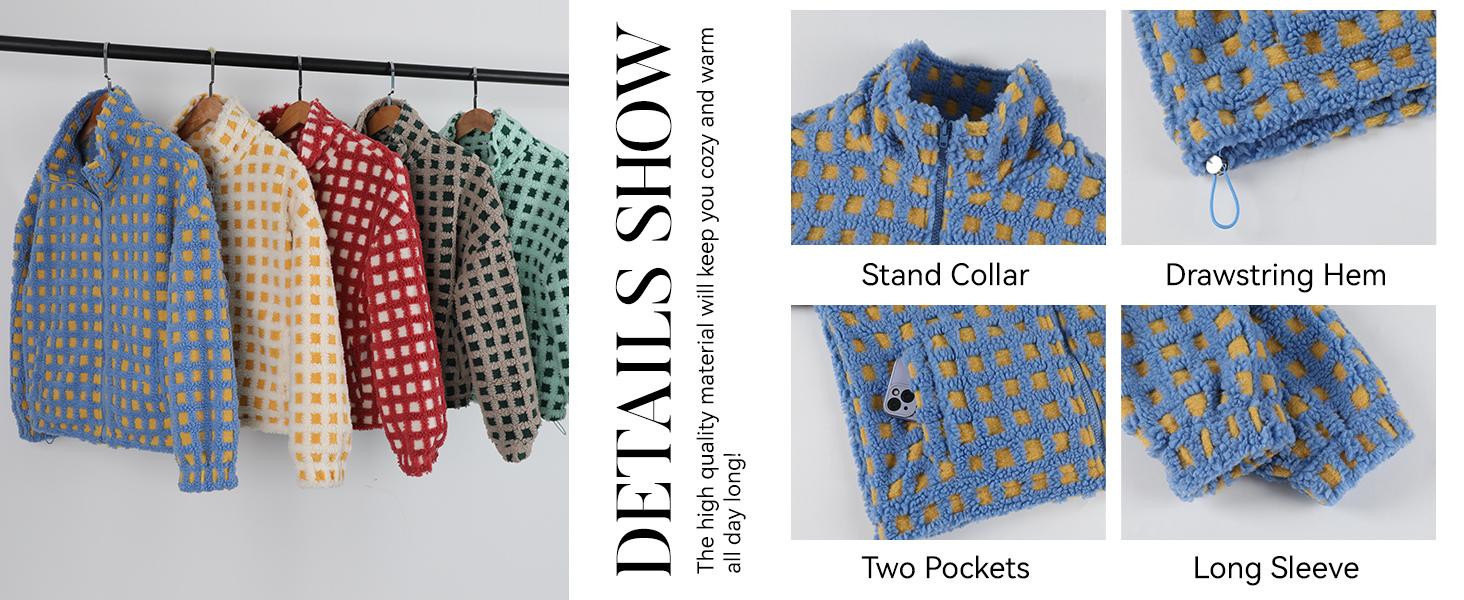 SCUSTY Women Winter Fleece Jacket Plaid Fleece Warm Coat Long-sleeve Zippered Sherpa Jacket with Pockets