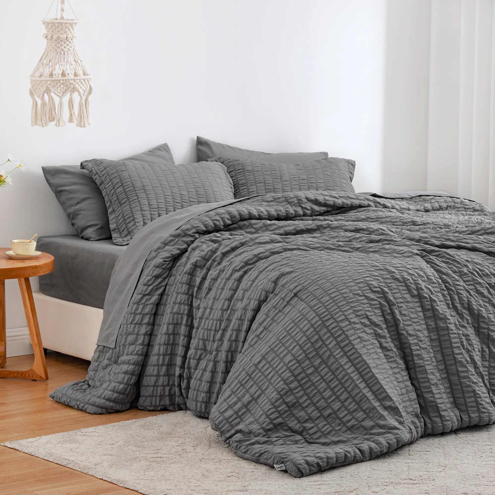 Seersucker Bed Comforter Set - 5/7-Piece All-Season Lightweight Bed in a Bag with Comforter, Flat Sheet, Fitted Sheet, Pillowcases, Shams | Soft, Breathable, Hypoallergenic, Lightweight Warmth, Tumbledry Friendly, Bedding Set