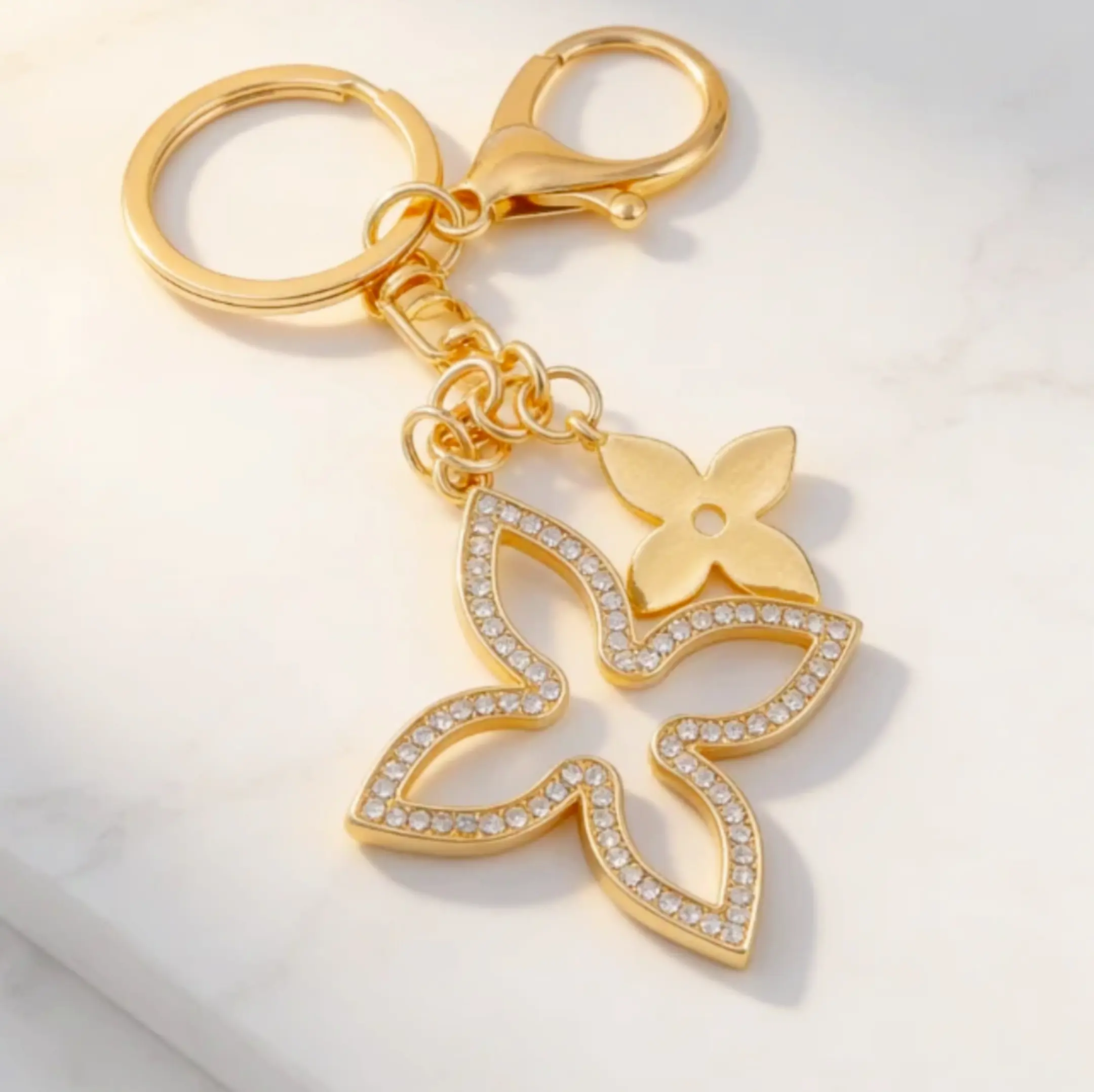 Glam Reversible Floral Clover Bag Charm with Crystal and Enamel, Mini Sized Unisex Keychain for Bags and Purses, Fashion, Clover Shape, Bag Charms For Purse