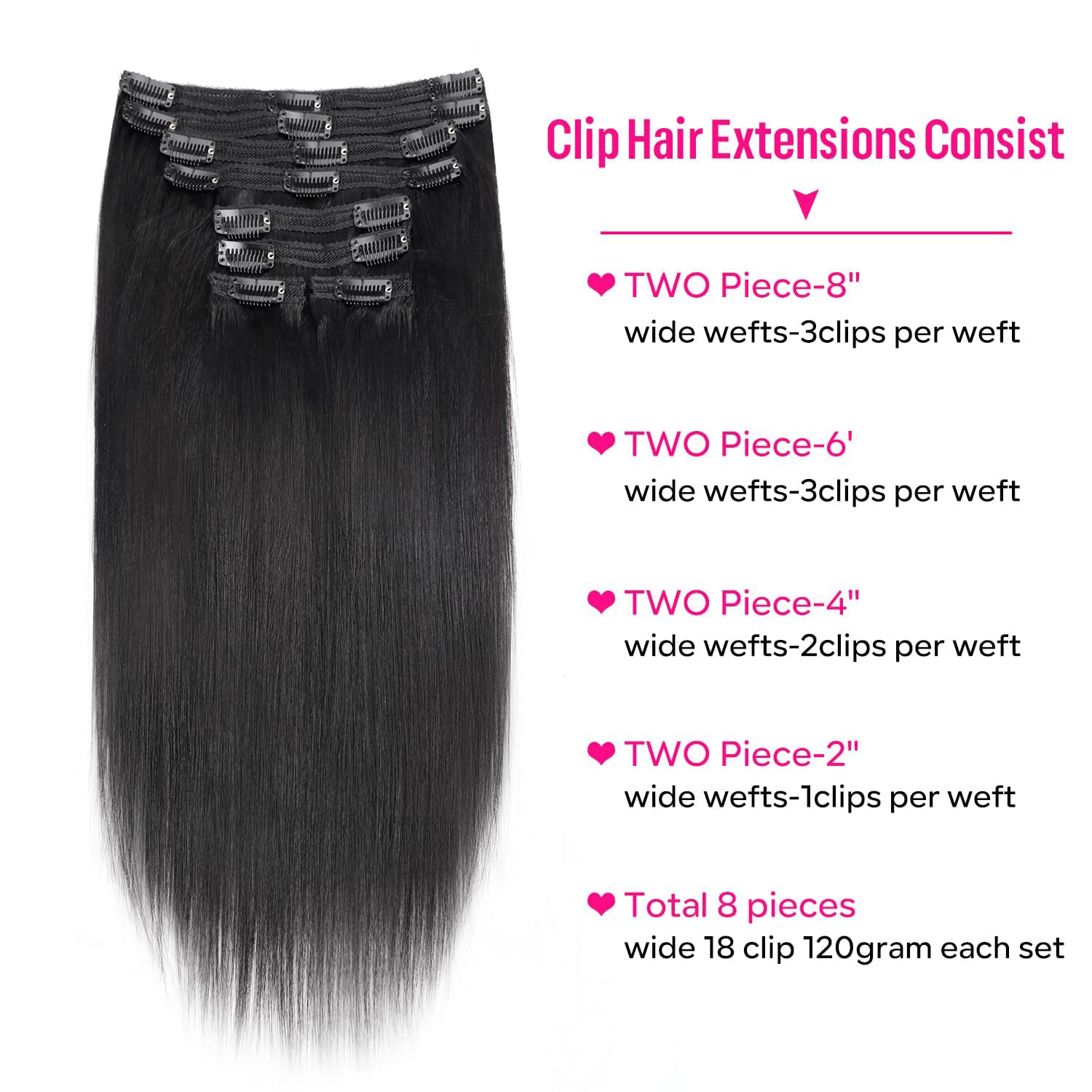 Mamushow Yaki Straight Clip in Hair Extensions Human Hair Seamless Pu Clip ins Hair 8 Pcs 18 Clips Human Hair Natural Black 12-30 Inches 120g/pack