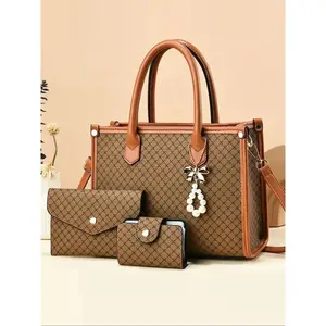 Elegant 3-Piece Handbag Set, Large Capacity Zipper Closure, Stylish Plaid Pattern, Includes Coin Purse & Card Holder, Handbag Wallet Set