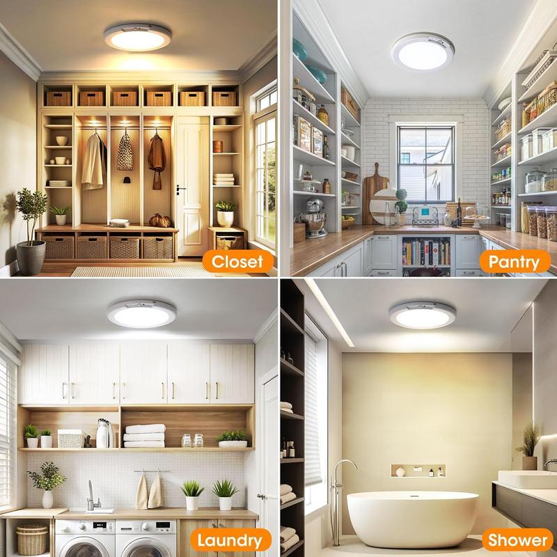 4Pcs Rechargeable Motion Sensor LED Ceiling Light, Wireless Battery-Operated Overhead Lamp, 3-Color Dimmable Indoor Light for Closet, Pantry, Hallway, Shower, Shed, Modern Semi-Flush Mount(5000amh)