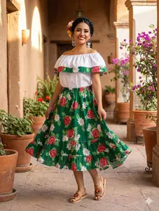 Green Skirt & Blouse Floral Set – 2 Piece Handmade Mexican Outfit