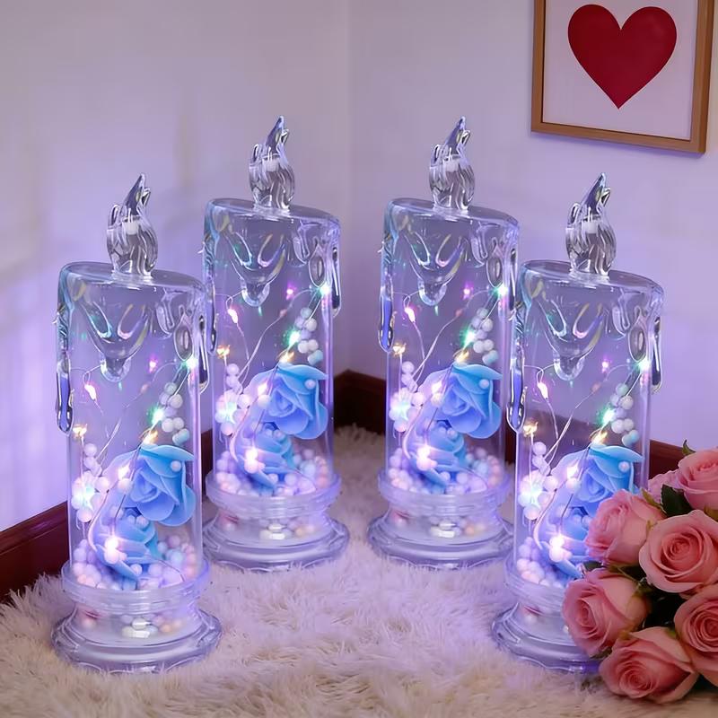 Set of 4 Multicolor Rose Flame-Free Candles Creative Ambiance Romantic Candles LED Realistic Electronic Candles with Preserved Flowers Night Light Decorative Piece Valentine's Day, Halloween, Christmas Gifts Wedding & Proposal Decorations Set of 4 Multicolor Rose Flame-Free Candles Creative Ambiance Romantic Candles LED Realistic Electronic Candles with Preserved Flowers Night Light Decorative Piece Valentine's Day, Halloween, Christmas Gifts Wedding & Proposal Decorations