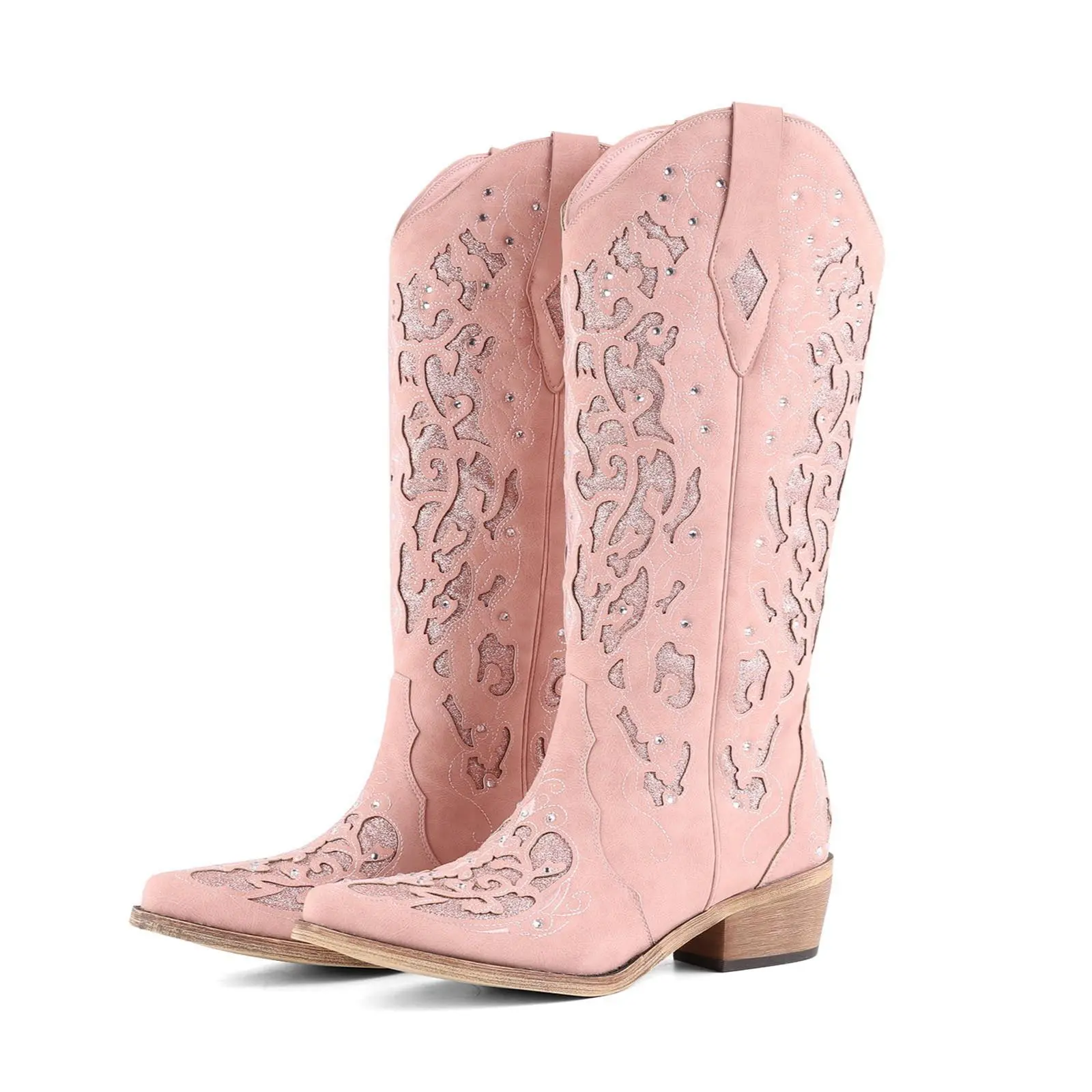 Western Cowboy Boots for Women with Comfortable Calf Red Cowgirl Boot Sparkly Rhinestone Wedding Boots Trendy Vintage Tall Glitter Boot with Embroidery and Chunky Heel for Daily Wearing Office Party tiktokshopspringglowup,