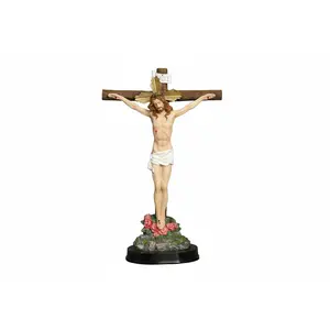 Full Color Standing Crucifix with Wooden Base, Religious Home Decor