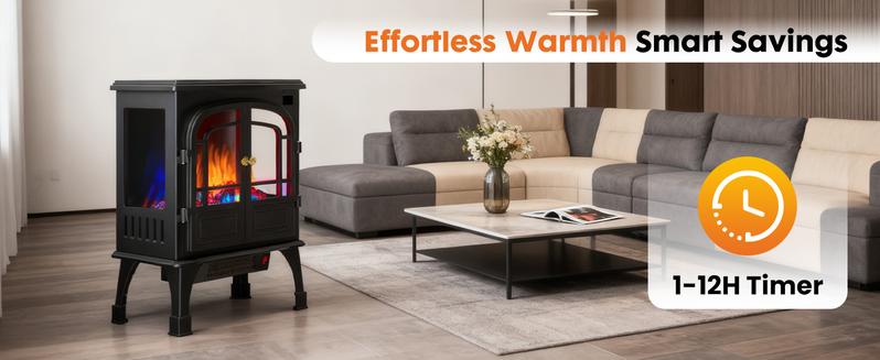 Freestanding Electric Fireplace,  Indoor Fireplace Heater with 3D Flame Effect, Overheating Safe Design, Energy Saving Space Heater with 12H Timer&Remote for Living Room, Bedroom