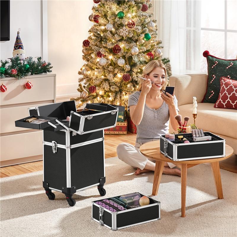 Yaheetech 4-in-1 Professional Rolling Makeup Train Case Extra-large 4-Tiered Aluminum Cosmetic Trolley Storage on Wheels Cosmetic Organizer Traveling Cart