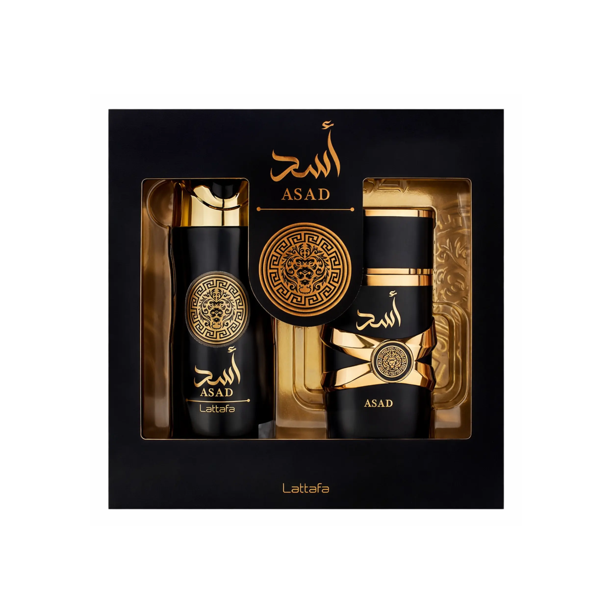 Lattafa Asad 2-Piece Gift Set for Men | Long-Lasting Arabian Scent with Vanilla & Amber Notes | 100ml EDP & 200ml Perfumed Spray, Edp Liquid Colognes, Multi-Pack