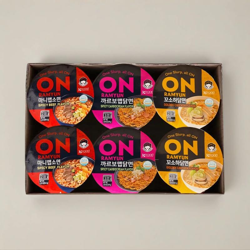 ON RAMYUN 6 PACK Korean Variety Mix Box (6 Cups) – 3-Flavor Mix: Spicy Beef, Spicy Carbocream & Golden Chicken, Authentic K-Ramyun Cup Noodles, Perfect for Dorms, Roommates & Sharing, One Slurp, All the Comfort, Instant Korean Snack Food