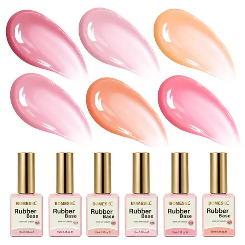 Unisex 6-Color 15ml Gel for Nails Multi-Pack, Soak-Off UV-LED Cure Base Coat Set, Self-Leveling Strengthening Nude Pink Shades for Salon/Home Nail Art Manicure