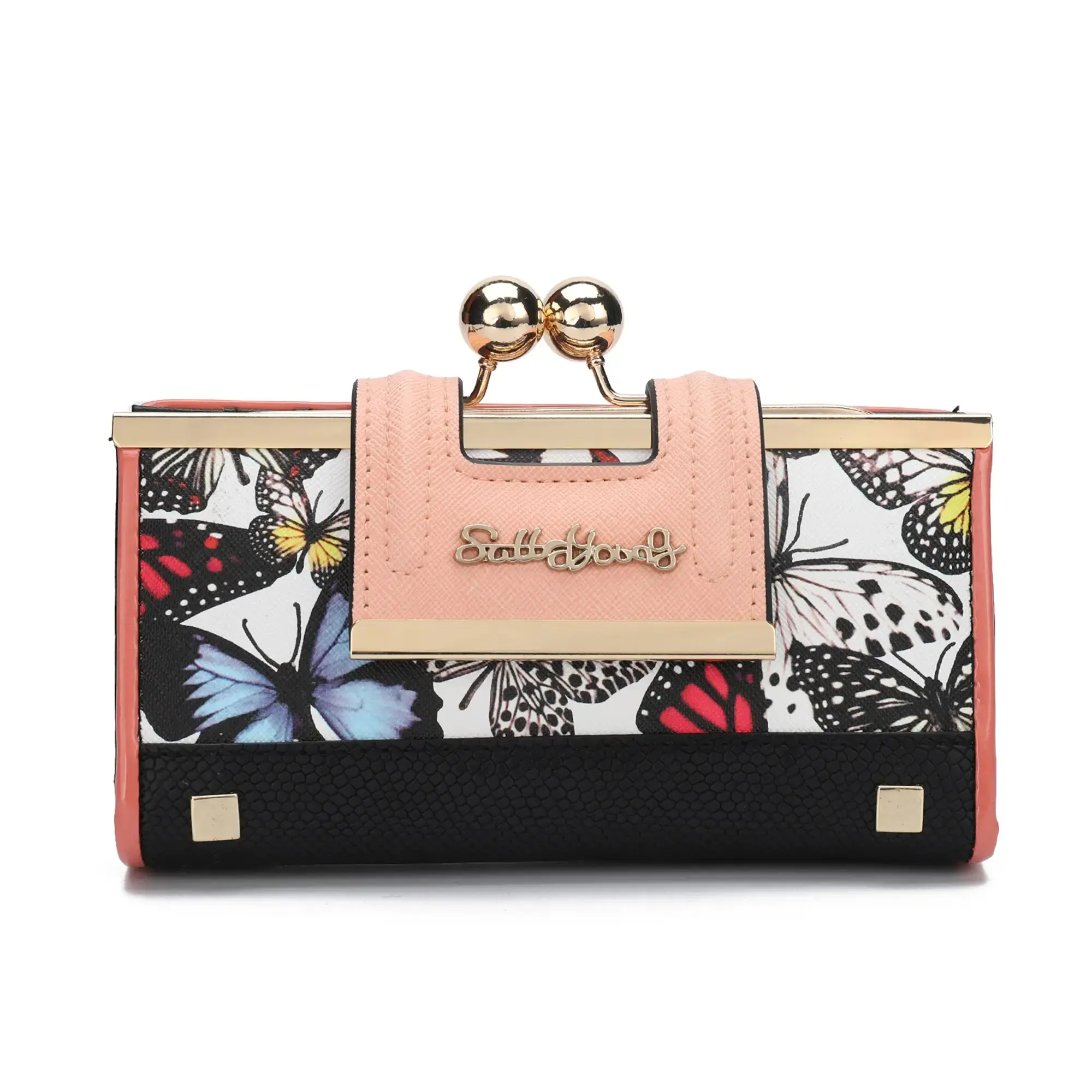 Women's Vintage Floral PU Leather Long Wallet,  Purse with 10 Card Slots, Kiss Lock Coin Pocket & Bill Compartments, Butterfly Design Gift Wallet，Large Capacity Organizer Wallet for Cards, Cash & Gifts， Kiss Lock Coin Pocket