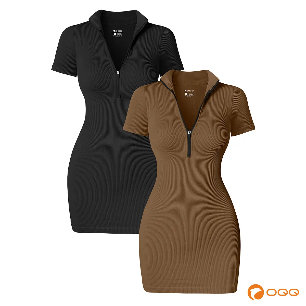 OQQfitness Women's Lapel Zip Fitted Short Dress - Soft Nylon, Casual Chic Basic Summer Lady's Stretchy Casual Wear, Casual Chic Fitted